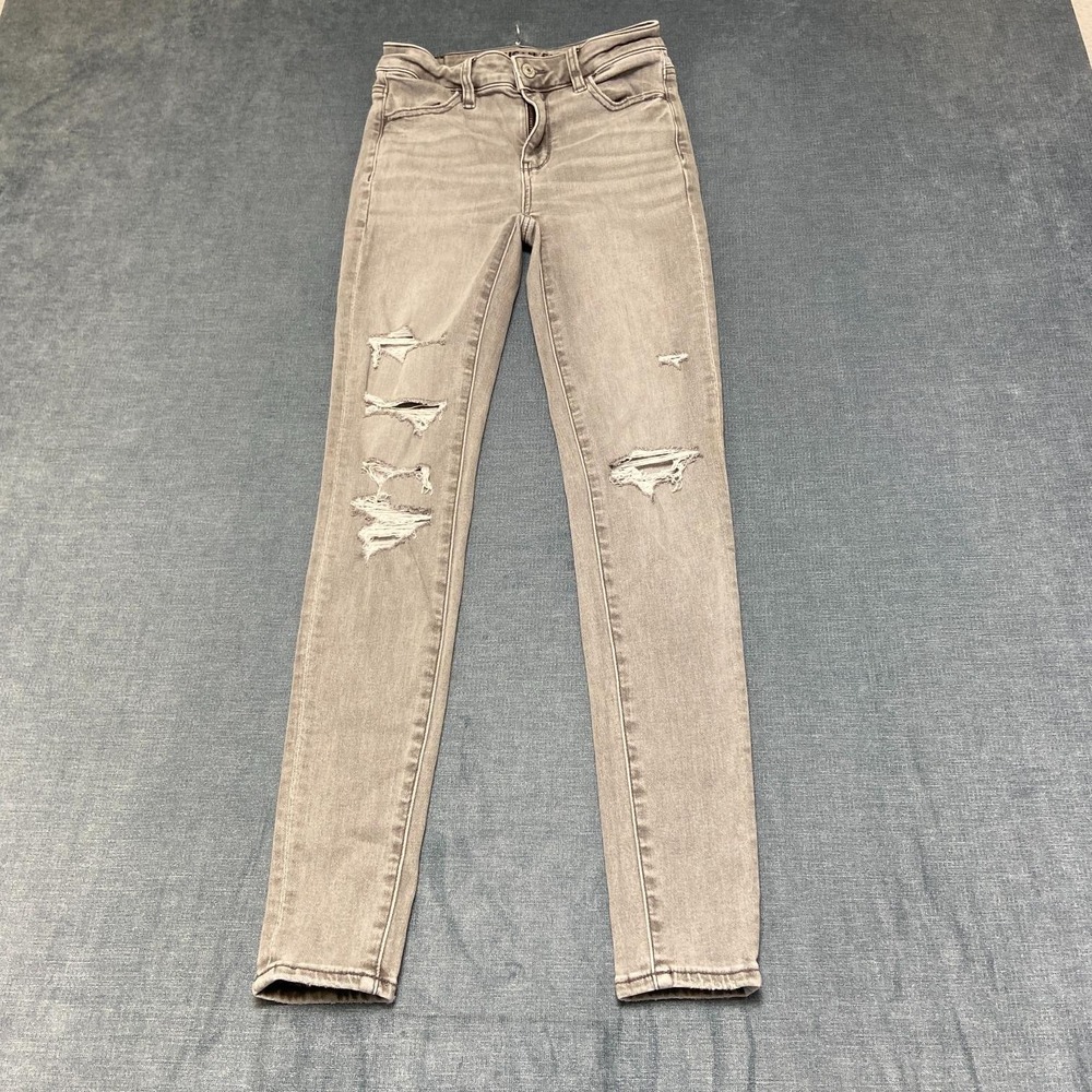 American Eagle Outfitters Jeans Womens 00 24x28 Gray Denim Distressed Mid Rise